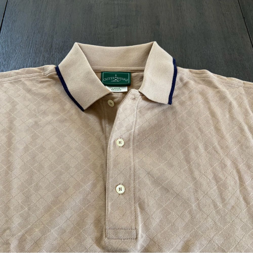 Outer Banks Diamond Knit Polo Shirt Men’s Large Beige Navy Trim, Size Large